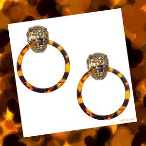 New Antique Gold Lion Head Doorknocker Tortoise Shell Drop Hoop Post Earrings